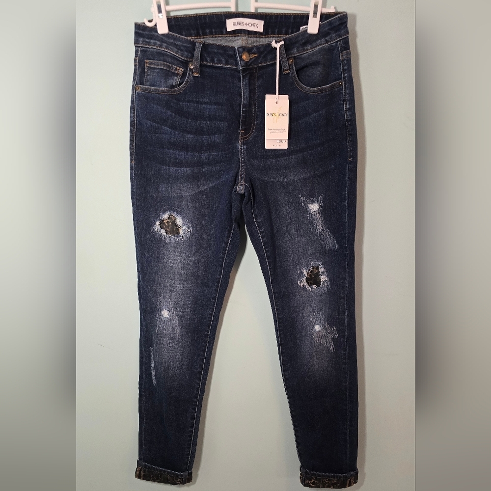 Dark Blue Lined Camo Stretchy Warm Distressed Jeans With Cuff Detail